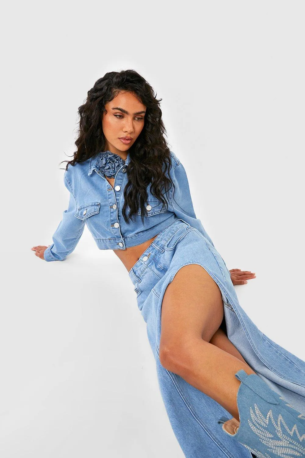 Boohoo Denim Maxi Skirt with Side Slits, Blue