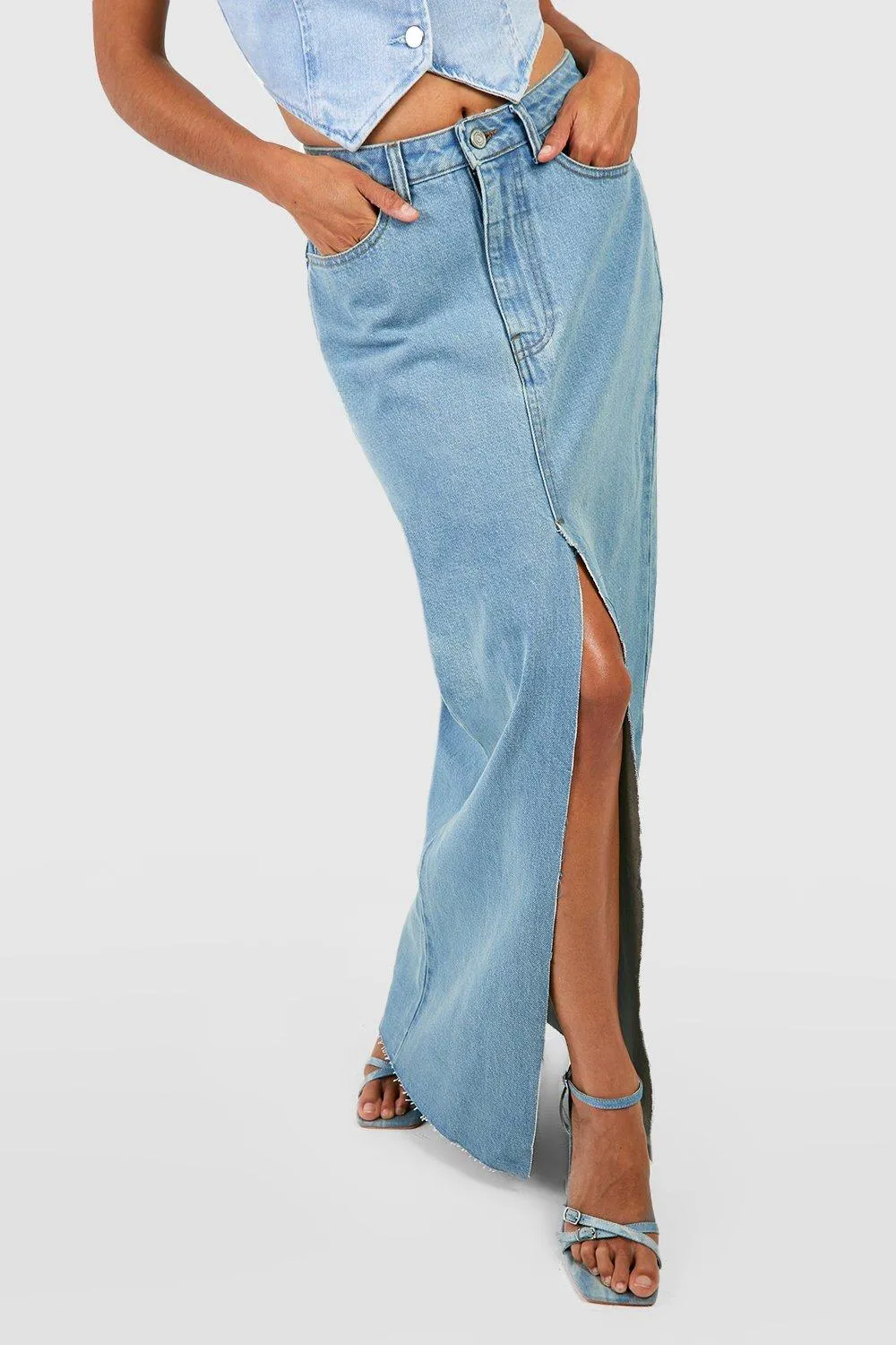 Boohoo High Split Denim Skirt, Blue