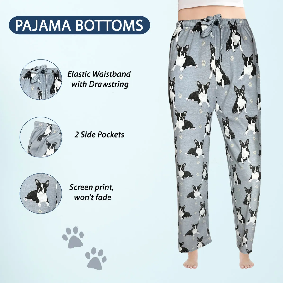 Boston Terrier Pajama Bottoms - Unisex Cotton Blend PJs