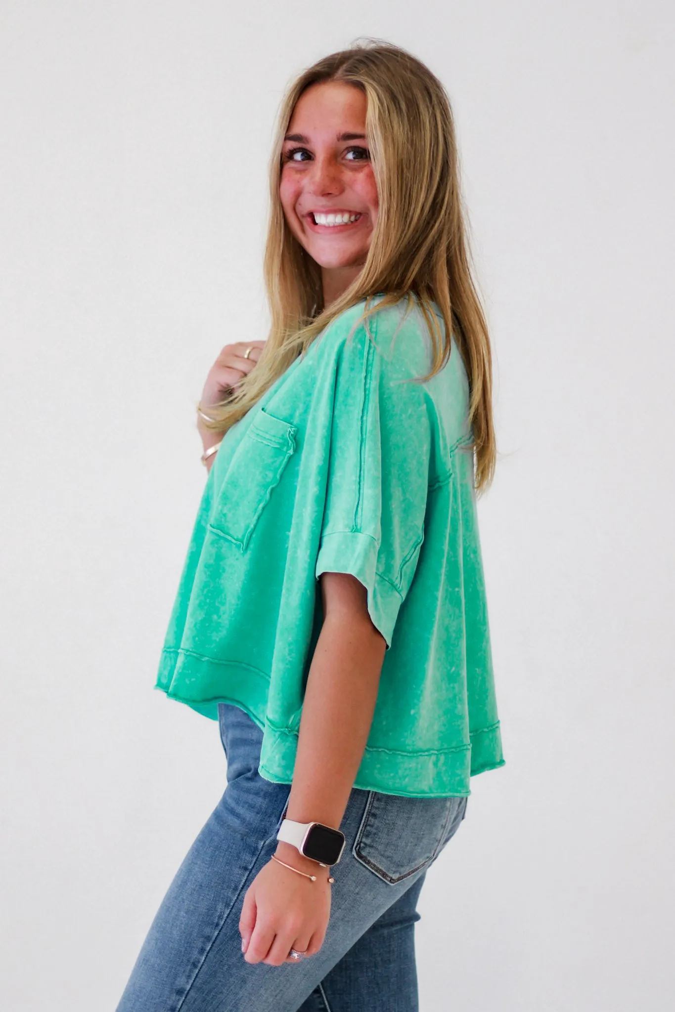 Breezy Chic Oversized Washed Crop Top in Green