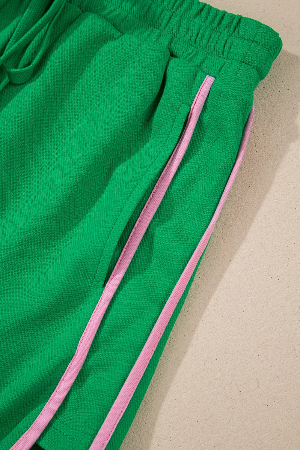 Bright Green Two Tone Contrast Textured Crewneck Tee and Shorts Set