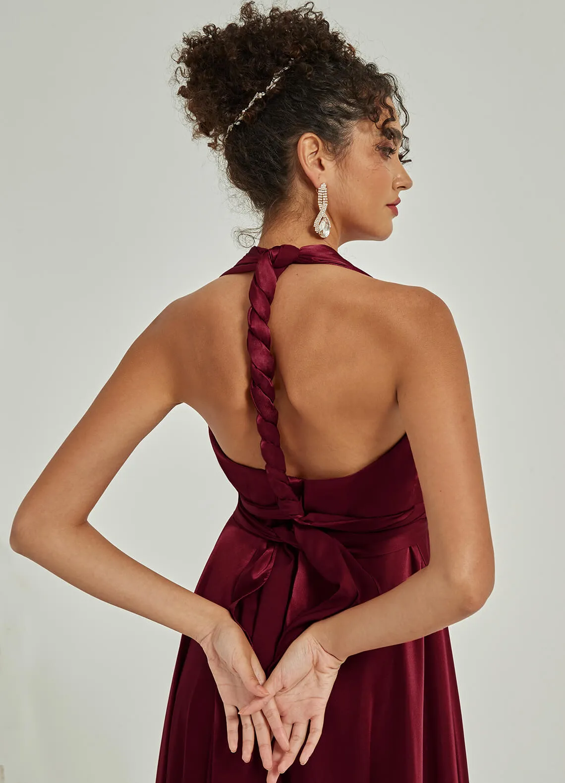 Burgundy Satin Convertible Bridesmaid Dress Multi Way Wrap A-Line Gown