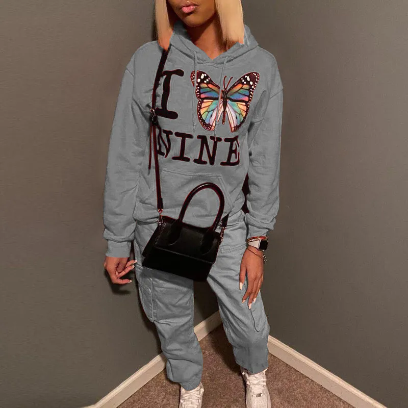 Butterfly Print Hooded Top & Pants Set