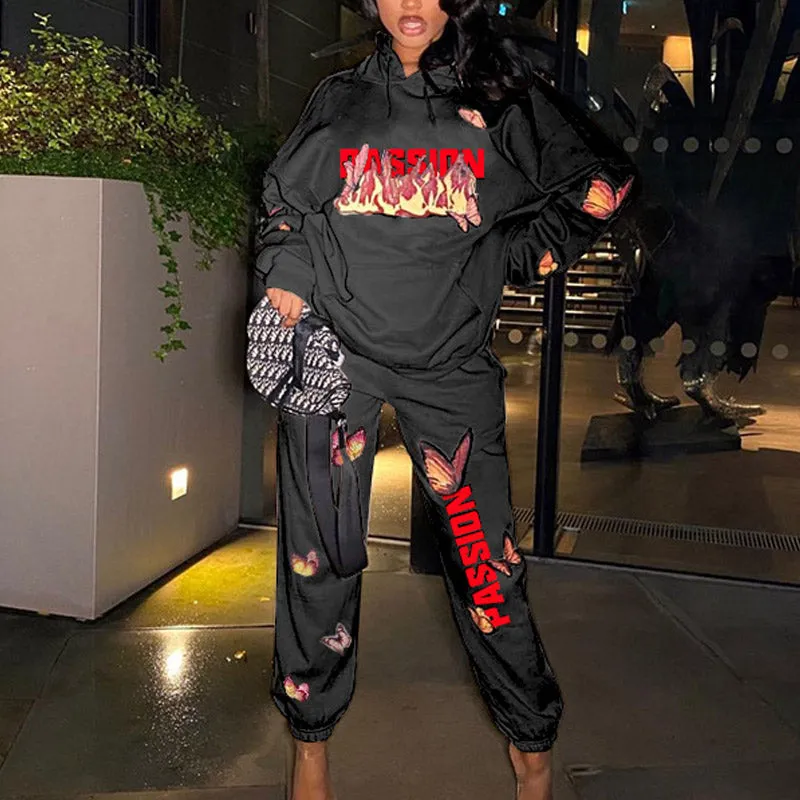 Butterfly Print Long Sleeve Hoodie Top & Pants Set