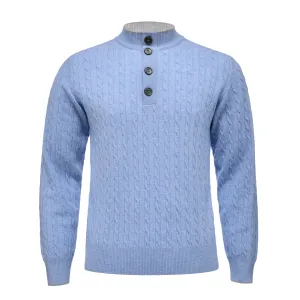 Cable Knit Merino Button Mock in Carolina Blue