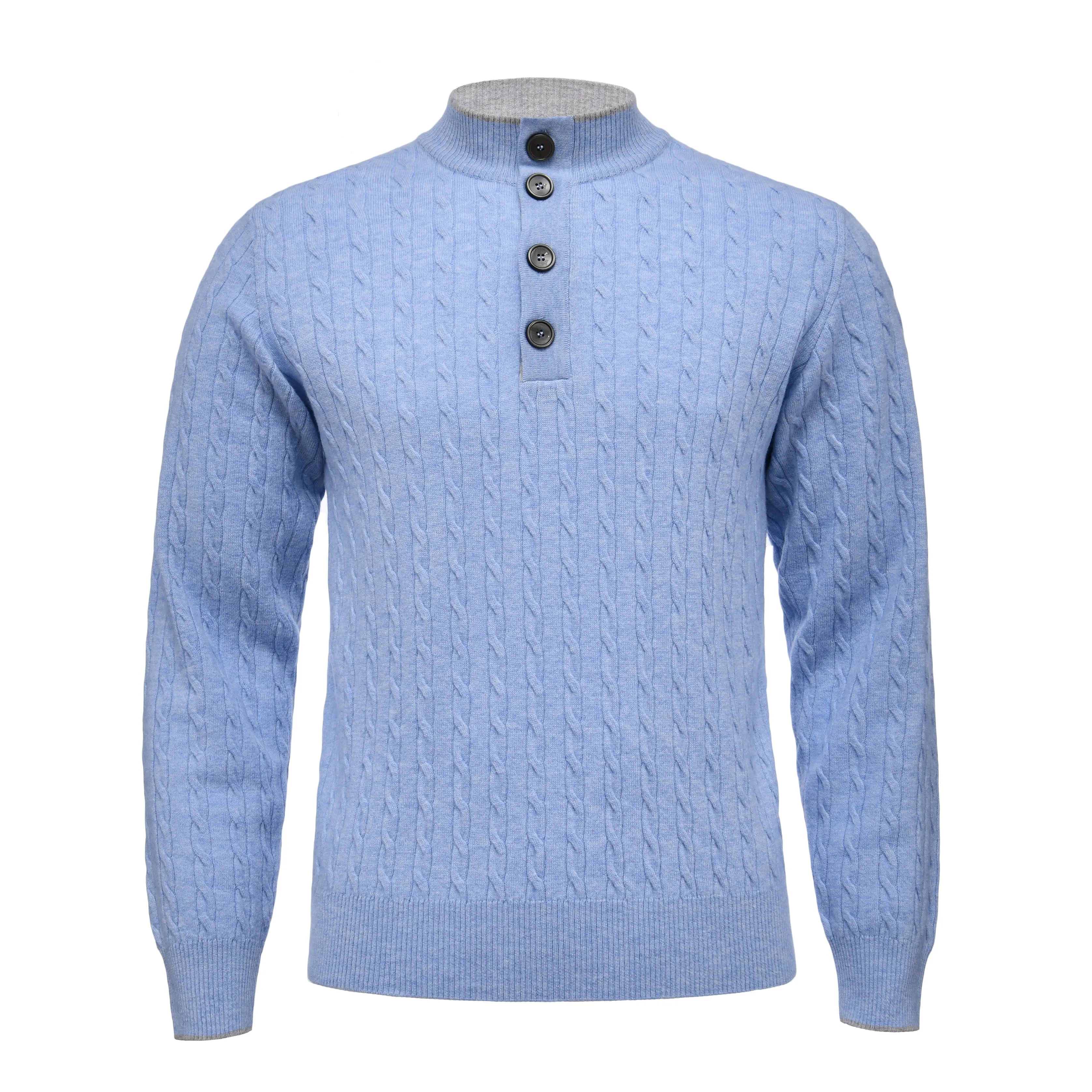 Cable Knit Merino Button Mock in Carolina Blue