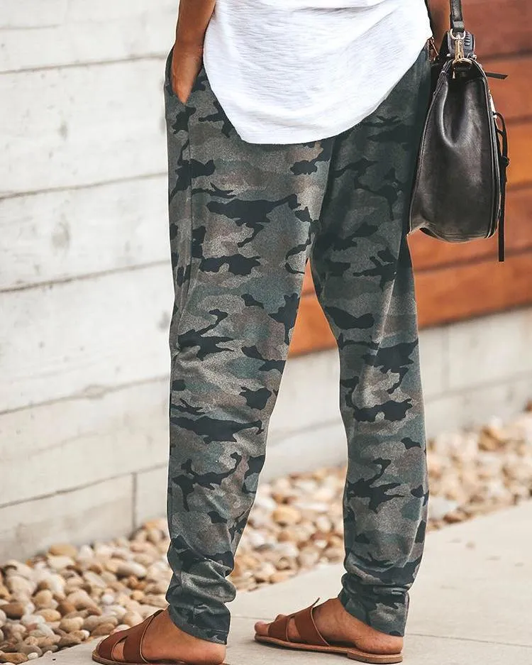 Camo Print Drawstring Casual Pants