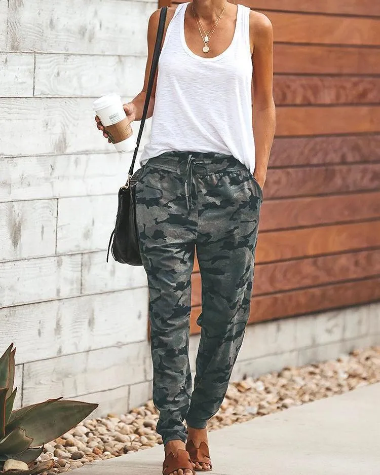 Camo Print Drawstring Casual Pants