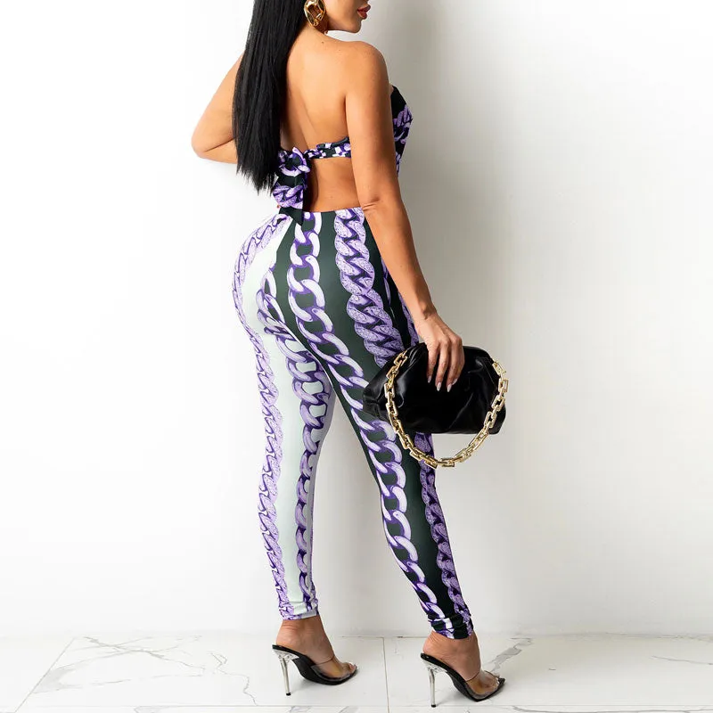 Chains Pattern Off Shoulder Tube Top & Pants Set