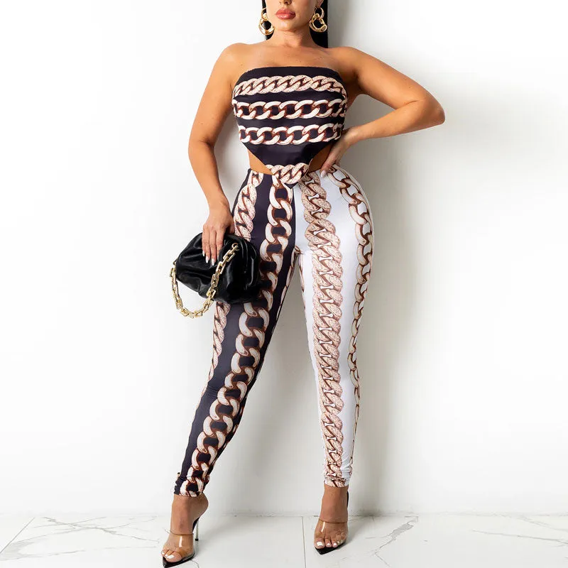 Chains Pattern Off Shoulder Tube Top & Pants Set