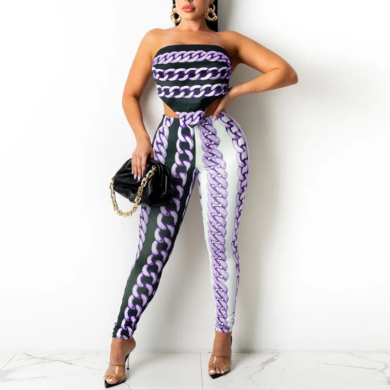 Chains Pattern Off Shoulder Tube Top & Pants Set
