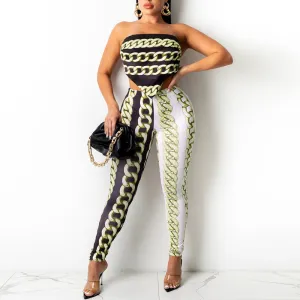 Chains Pattern Off Shoulder Tube Top & Pants Set