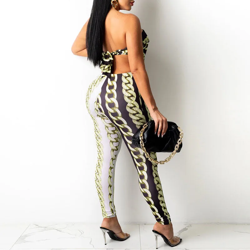 Chains Pattern Off Shoulder Tube Top & Pants Set