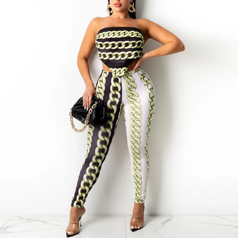 Chains Pattern Off Shoulder Tube Top & Pants Set