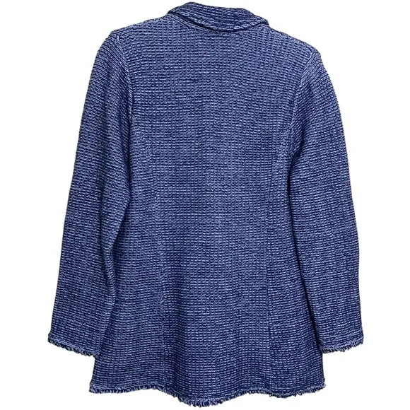 Chico’s Blue Crochet Knit Denim Coatigan Double-Breasted Jacket Size Medium