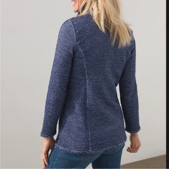 Chico’s Blue Crochet Knit Denim Coatigan Double-Breasted Jacket Size Medium