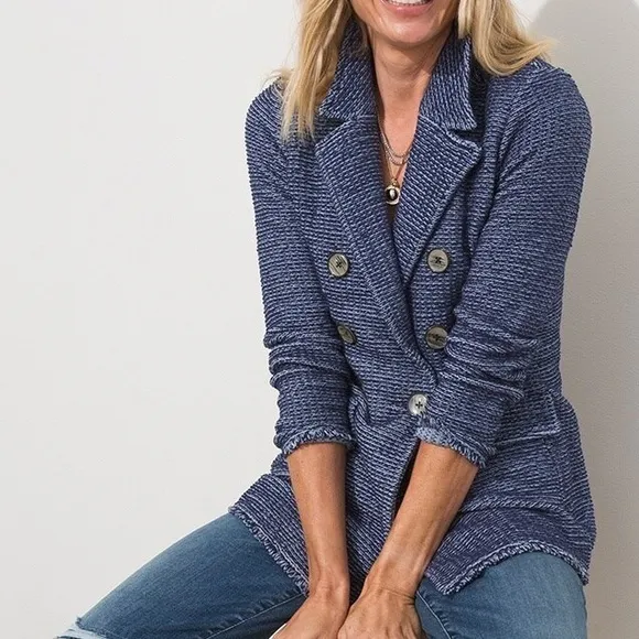 Chico’s Blue Crochet Knit Denim Coatigan Double-Breasted Jacket Size Medium