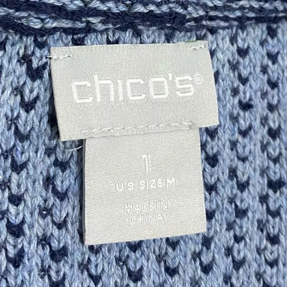 Chico’s Blue Crochet Knit Denim Coatigan Double-Breasted Jacket Size Medium