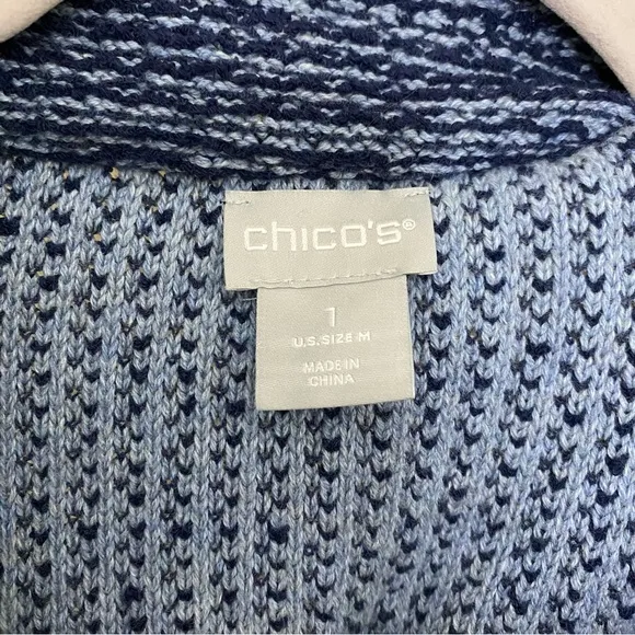 Chico’s Blue Crochet Knit Denim Coatigan Double-Breasted Jacket Size Medium