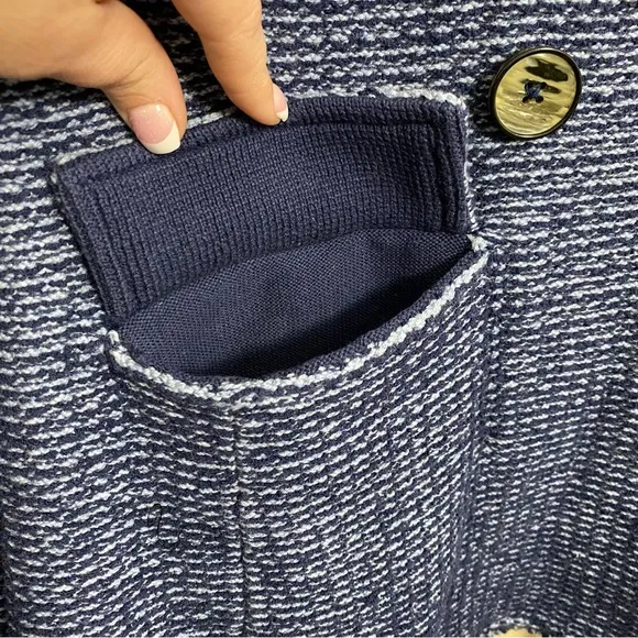 Chico’s Blue Crochet Knit Denim Coatigan Double-Breasted Jacket Size Medium