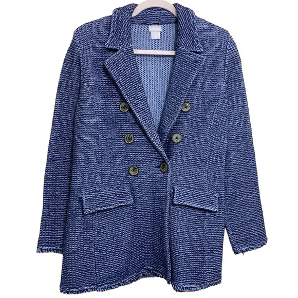 Chico’s Blue Crochet Knit Denim Coatigan Double-Breasted Jacket Size Medium