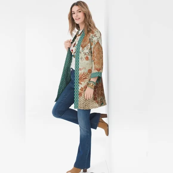 Chico’s Mixed Floral Geometric Kimono Jacket Blue Chico’s Size 00P US 2P EUC