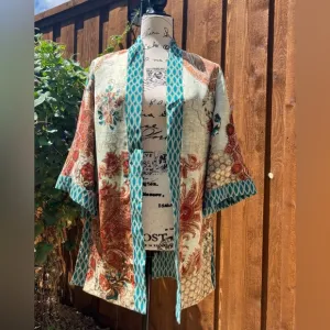 Chico’s Mixed Floral Geometric Kimono Jacket Blue Chico’s Size 00P US 2P EUC