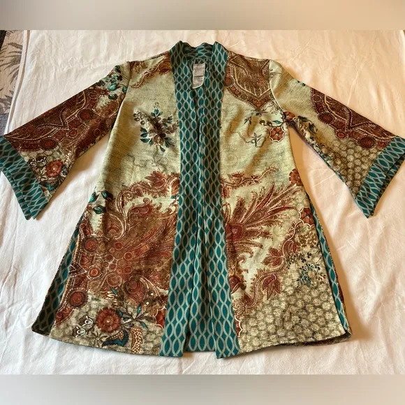 Chico’s Mixed Floral Geometric Kimono Jacket Blue Chico’s Size 00P US 2P EUC
