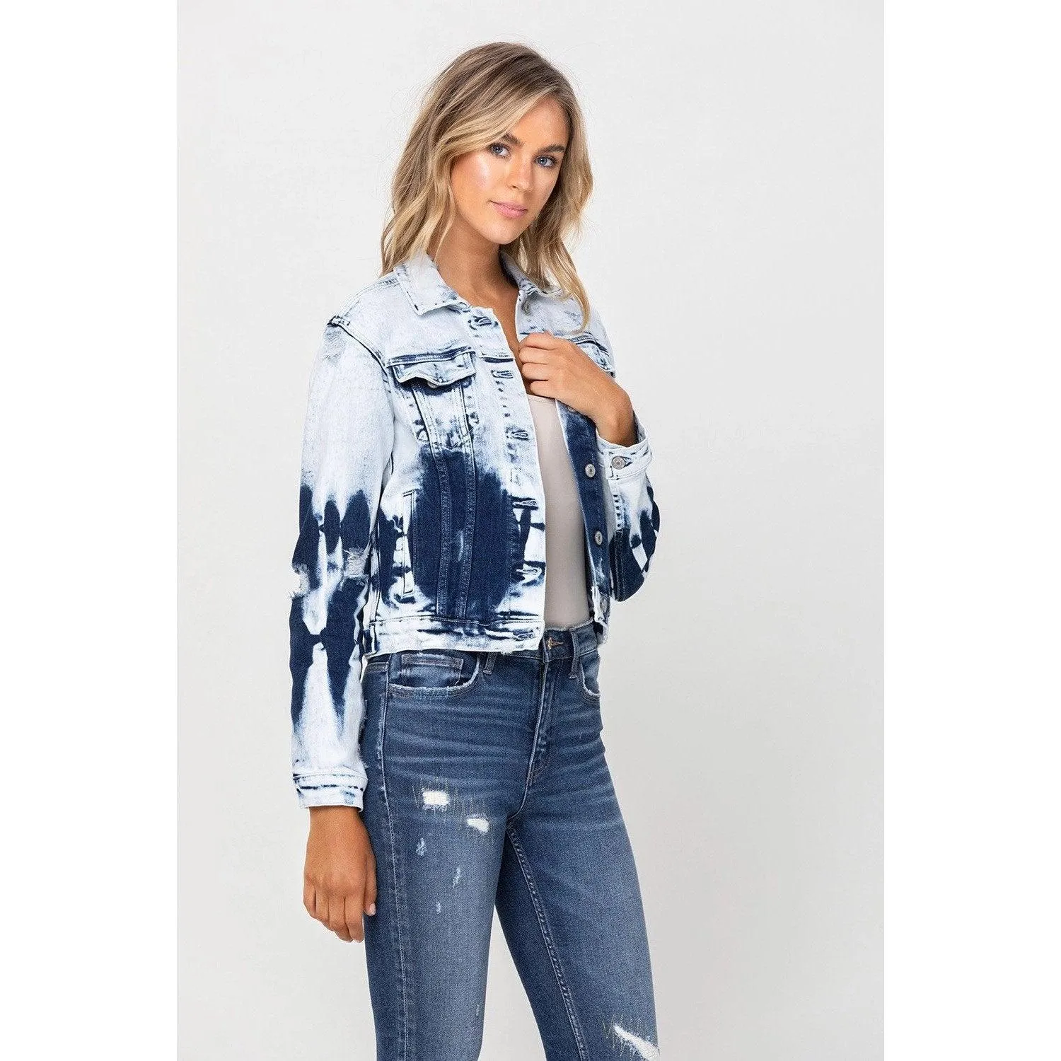 Classic Fit Cropped Jacket with Dip Dye Bleach