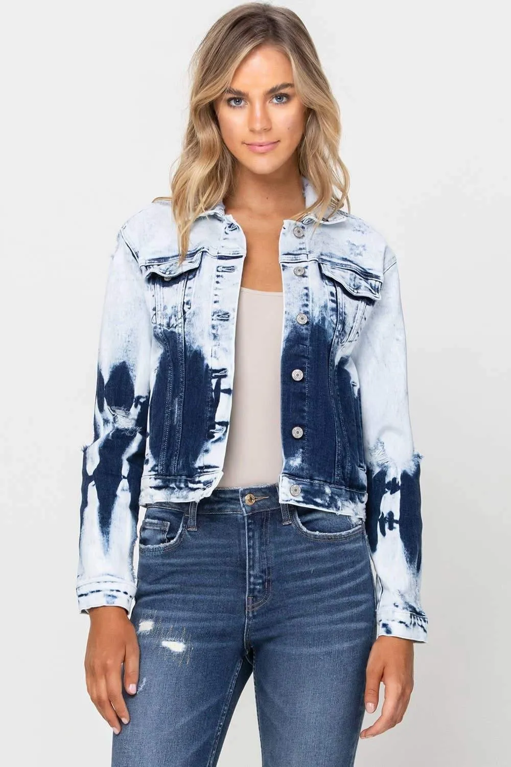 Classic Fit Cropped Jacket with Dip Dye Bleach