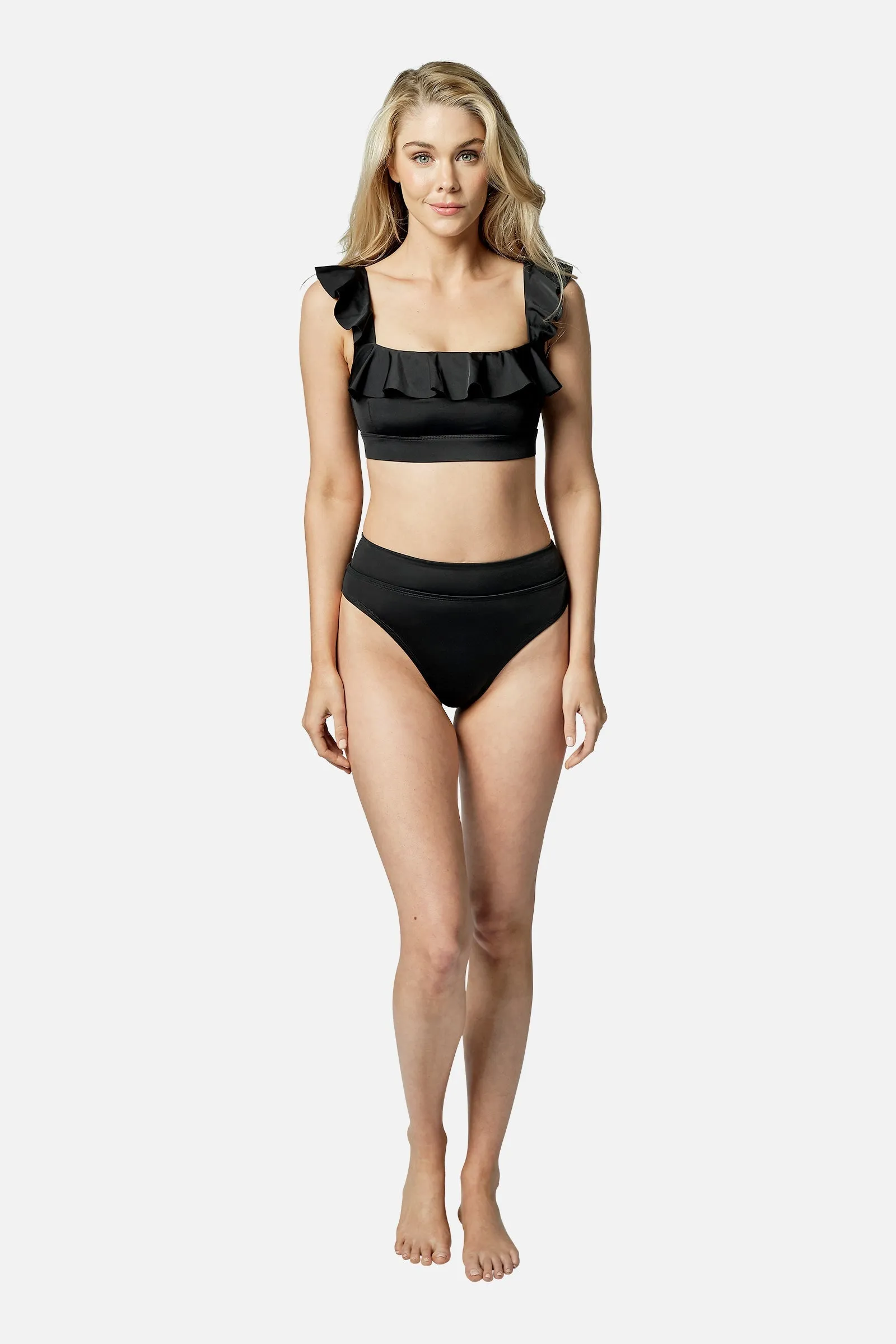 Classic Square Neck Bikini Bralette with Frill BLACK