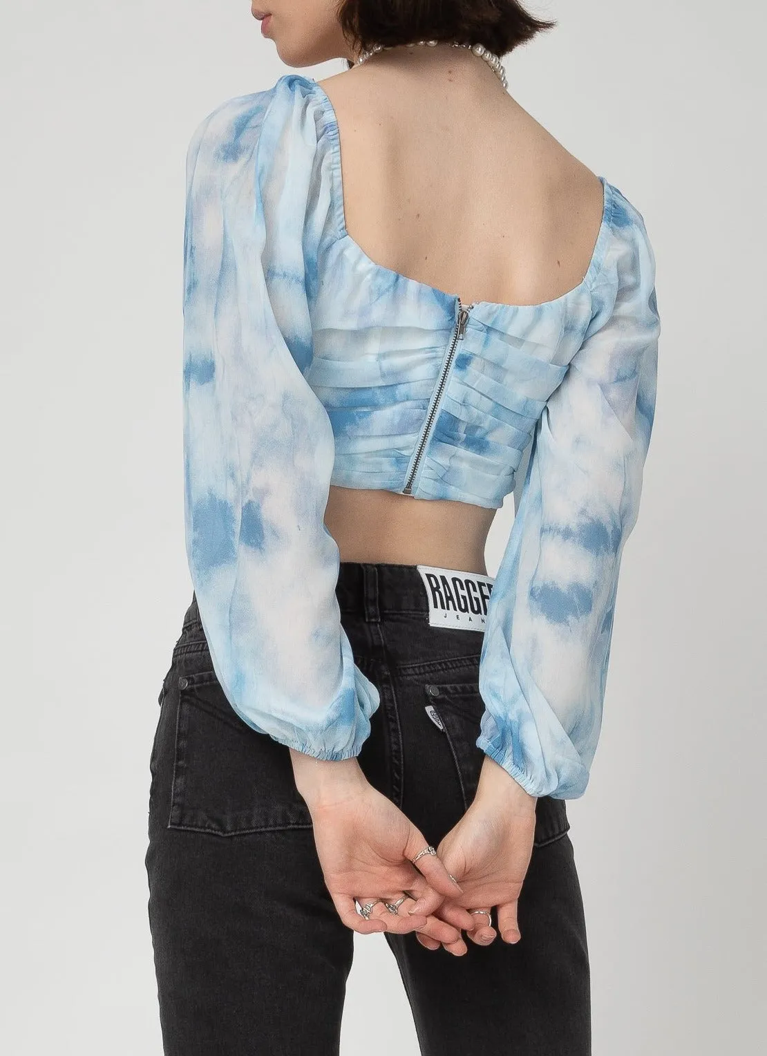 Cloud Tie Dye Long Sleeve Lace Up Peasant Crop Top
