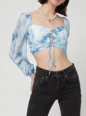 Cloud Tie Dye Long Sleeve Lace Up Peasant Crop Top