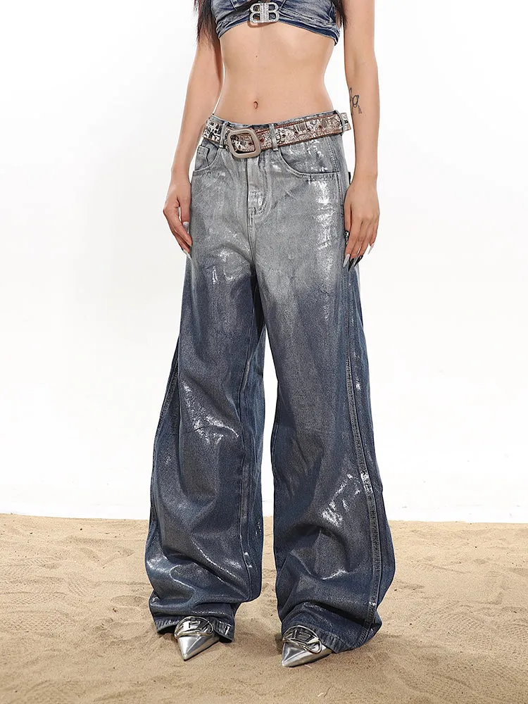 Coated Gradient Baggy Wide Leg Jeans