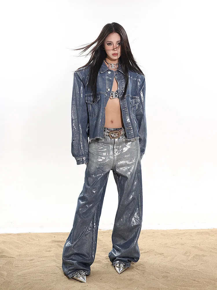 Coated Gradient Baggy Wide Leg Jeans