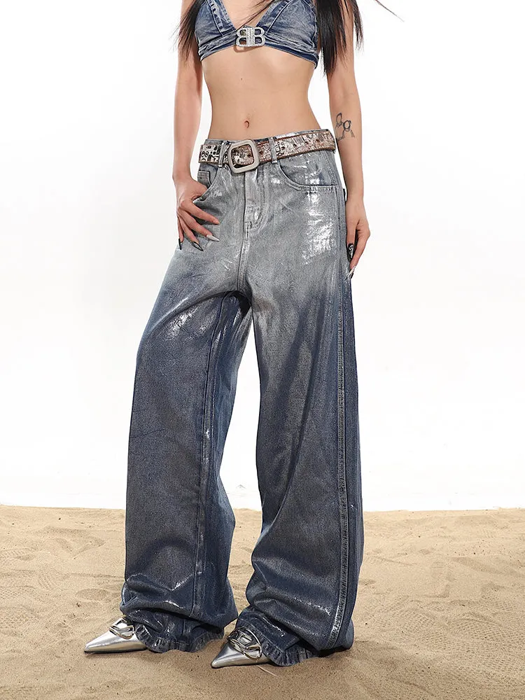Coated Gradient Baggy Wide Leg Jeans