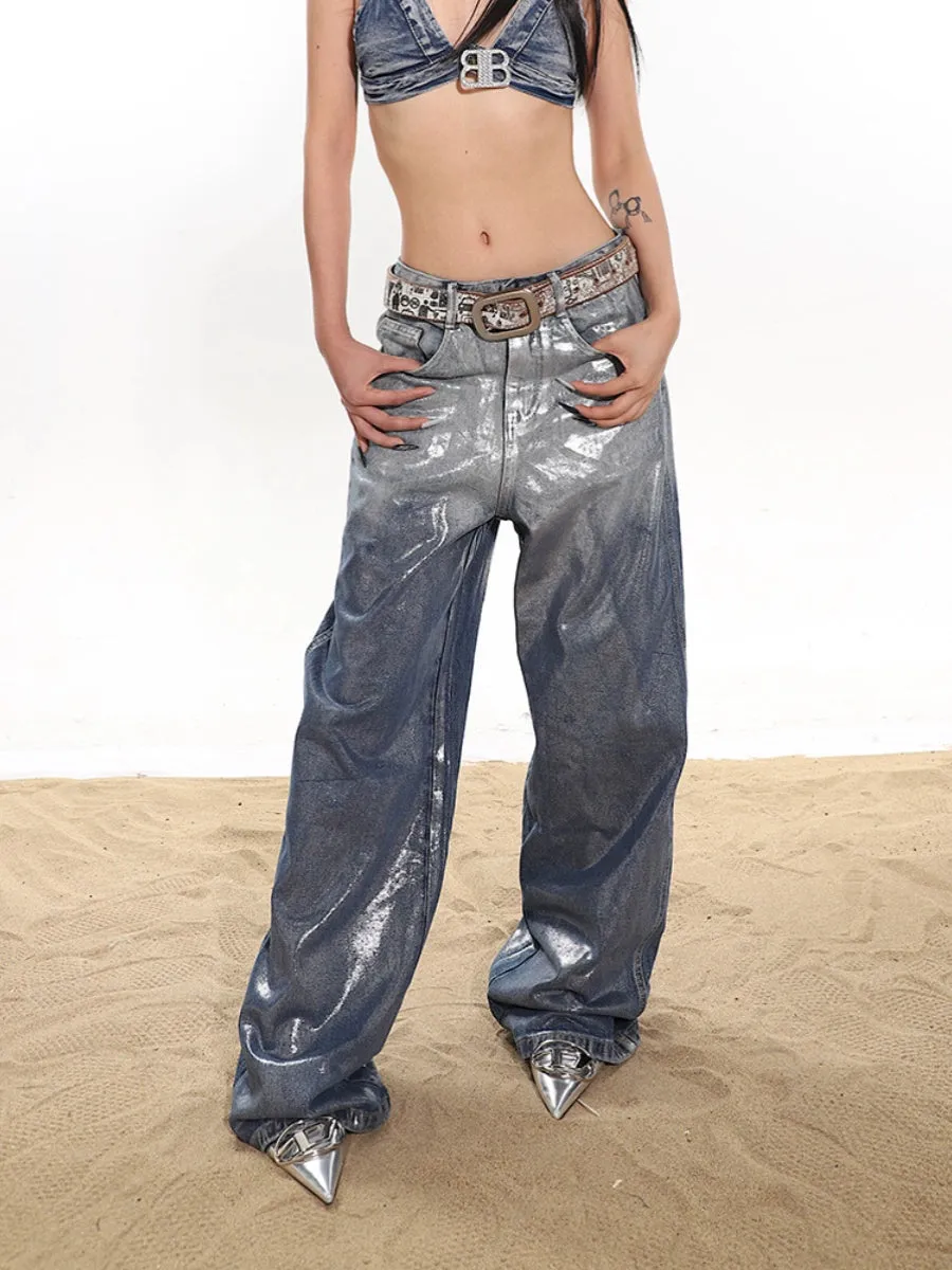 Coated Gradient Baggy Wide Leg Jeans