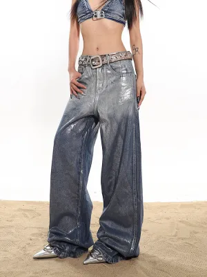 Coated Gradient Baggy Wide Leg Jeans