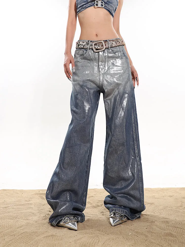 Coated Gradient Baggy Wide Leg Jeans