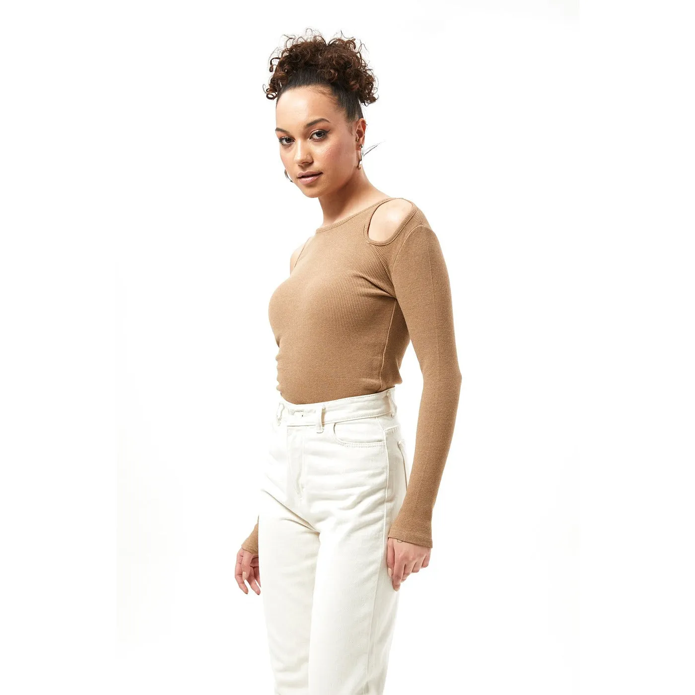 Coffee Ribbed Shoulder Cut Top