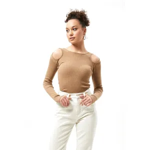 Coffee Ribbed Shoulder Cut Top