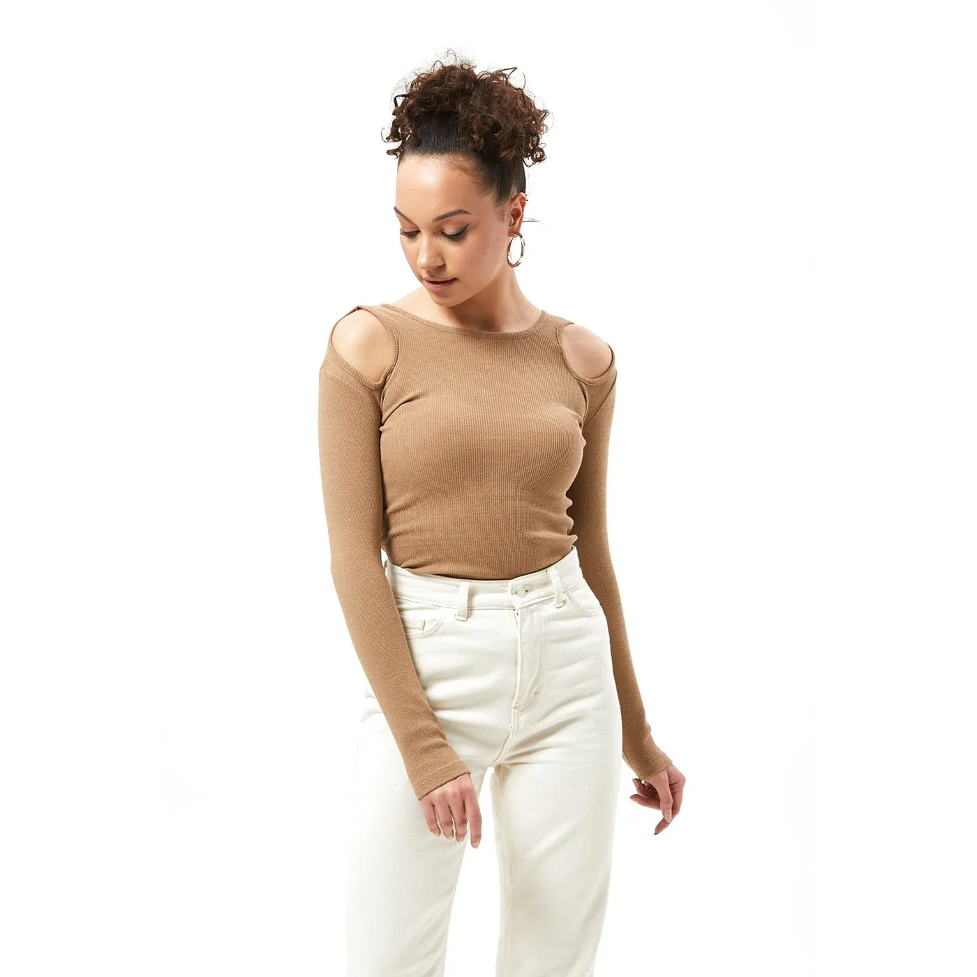 Coffee Ribbed Shoulder Cut Top