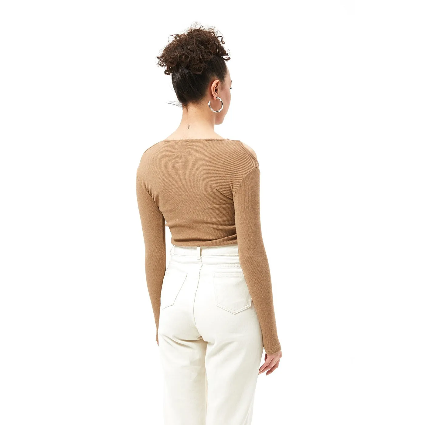Coffee Ribbed Shoulder Cut Top