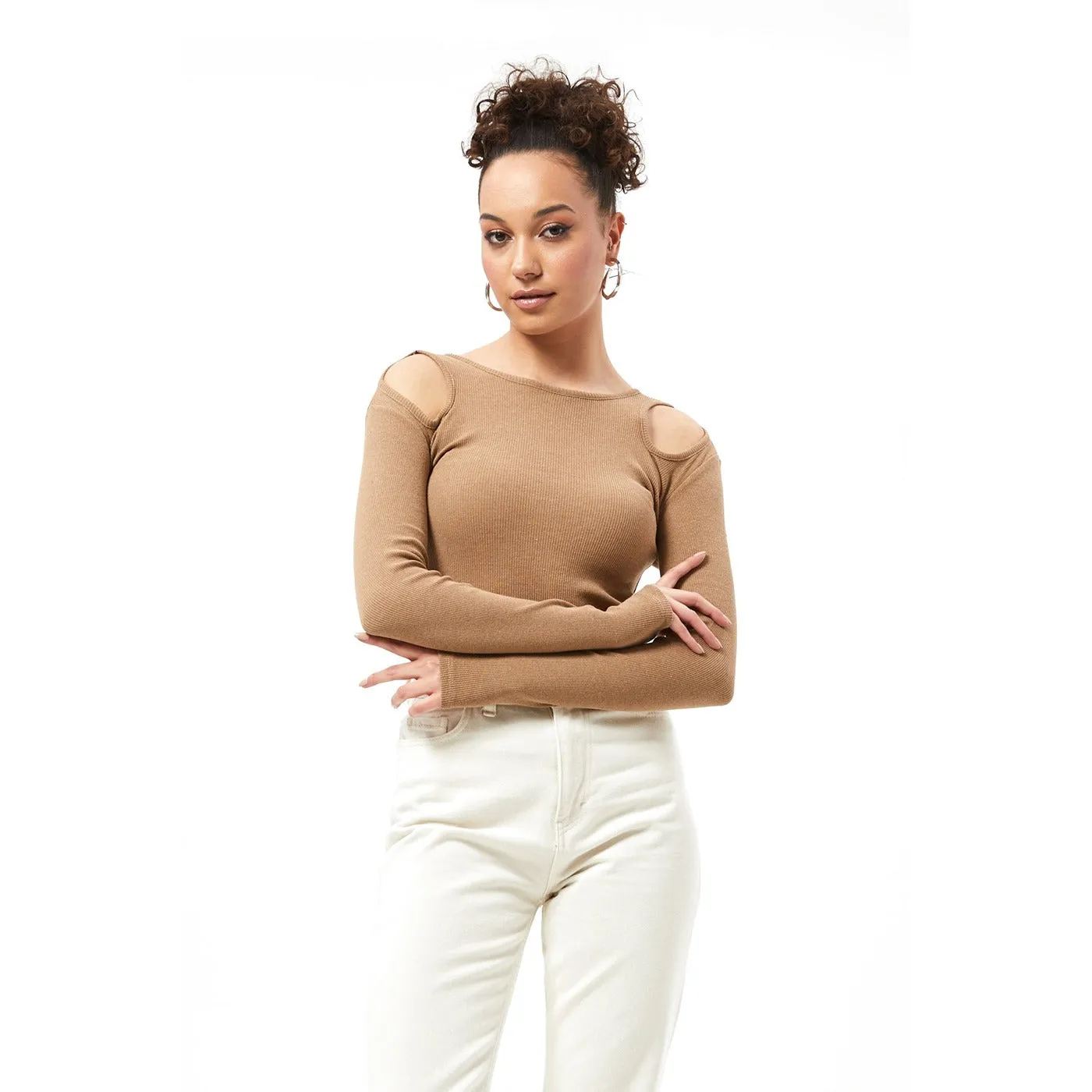 Coffee Ribbed Shoulder Cut Top