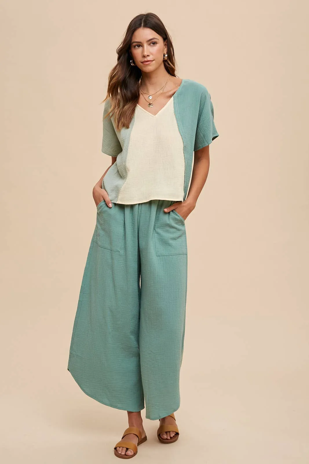 Color Block Blouse with Matching Bottoms (bottoms sold separately)