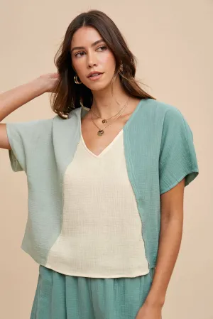 Color Block Blouse with Matching Bottoms (bottoms sold separately)