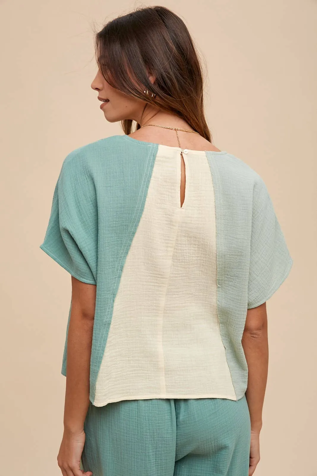 Color Block Blouse with Matching Bottoms (bottoms sold separately)