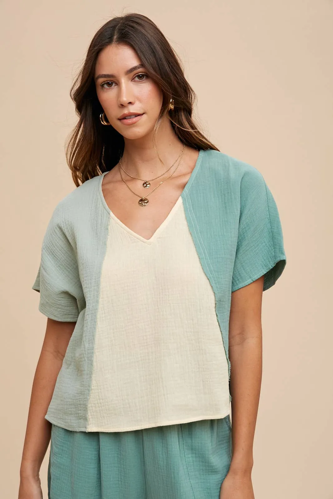 Color Block Blouse with Matching Bottoms (bottoms sold separately)
