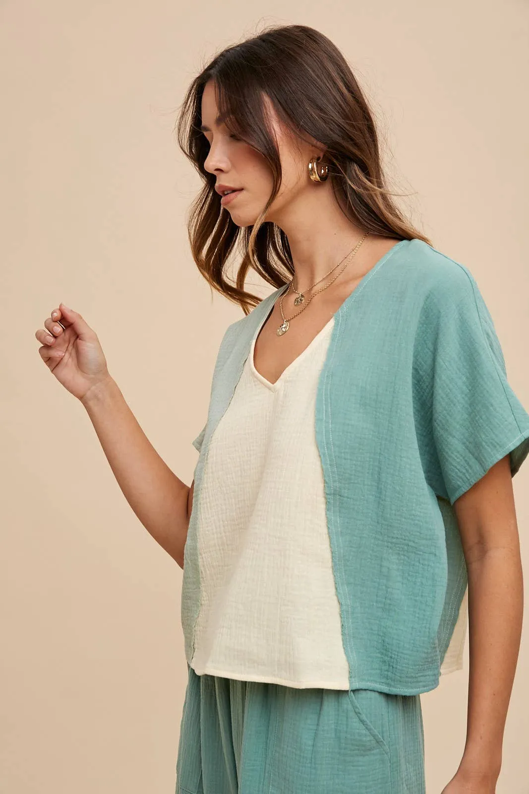 Color Block Blouse with Matching Bottoms (bottoms sold separately)