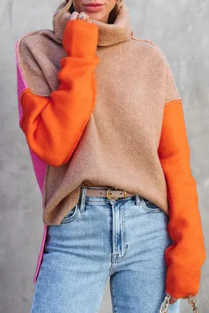 Color Block Turtle Neck  Knit Sweater